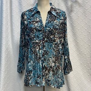New Directions size 2X  Abstract teal Blue and Brown Blouse‎ dressy v neck sheer